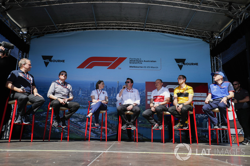 Bob Fernley, Deputy Team Principal, Force India, Guenther Steiner, Team Principal, Haas F1, Claire Williams, Deputy Team Principal, Williams Martini Racing, Eric Boullier, Racing Director, McLaren, Frederic Vasseur, Team Principal, Sauber, Cyril Abiteboul, Managing Director, Renault Sport F1 Team, and Franz Tost, Team Principal, Toro Rosso, on stage