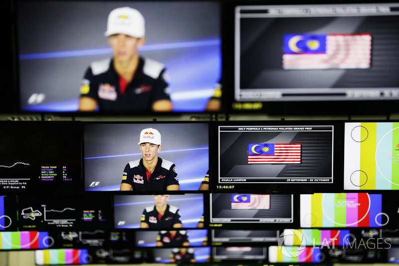 Pierre Gasly, Scuderia Toro Rosso, is pictured on televison screens in the media centre