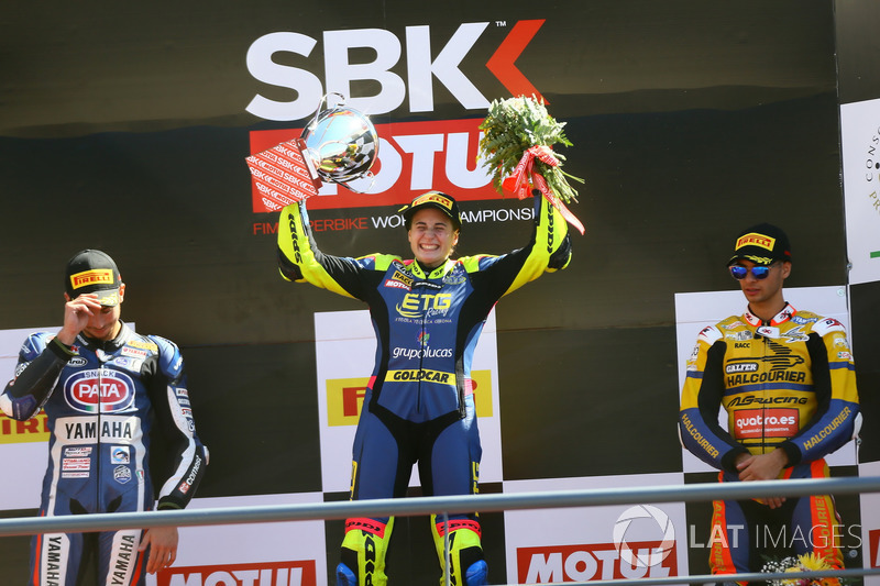 Podium: Race winner Ana Carrasco, Kawasaki, second place Alfonso Coppola, Yamaha, third place Marc Garcia, Yamaha