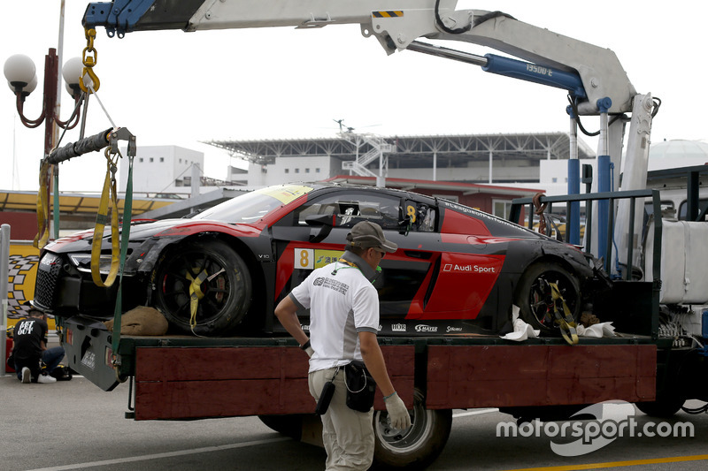 The car of Laurens Vanthoor, Audi Sport Team WRT Audi R8 LMS after the crash