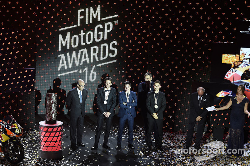 Carmelo Ezpeleta, CEO Dorna Sports, Valentino Rossi, Yamaha Factory Racing, Marc Marquez, Repsol Honda Team, Jorge Lorenzo, Yamaha Factory Racing