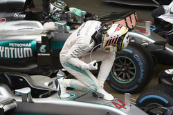 Lewis Hamilton, Mercedes AMG F1, celebrates victory in parc ferme