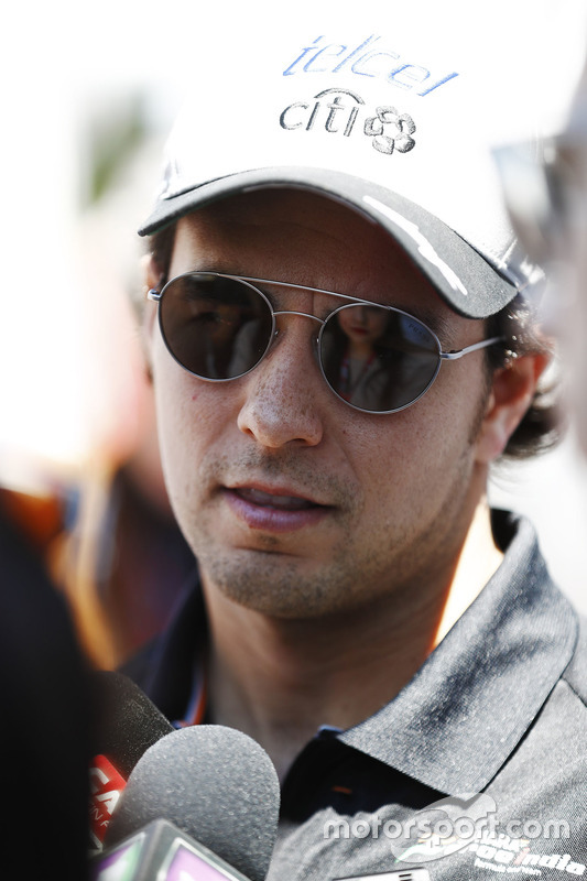 Sergio Perez, Force India, speaks to the media