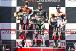 Podium : le vainqueur Jonathan Rea, Kawasaki Racing, le deuxième, Chaz Davies, Ducati Team, le troisième, Marco Melandri, Ducati Team