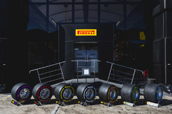 The new range of Pirelli P-Zero tyres outside the Pirelli hospitality area in the paddock
