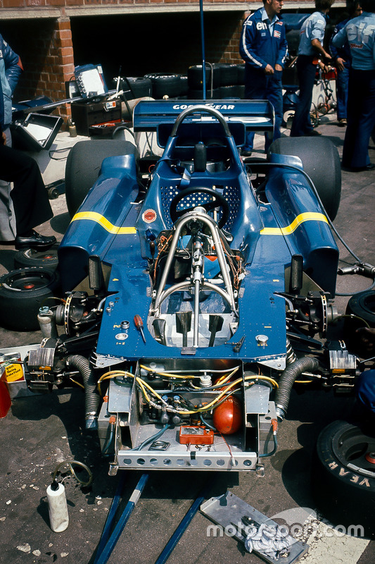 The six wheeled Tyrrell P34-Ford chassis in the paddock