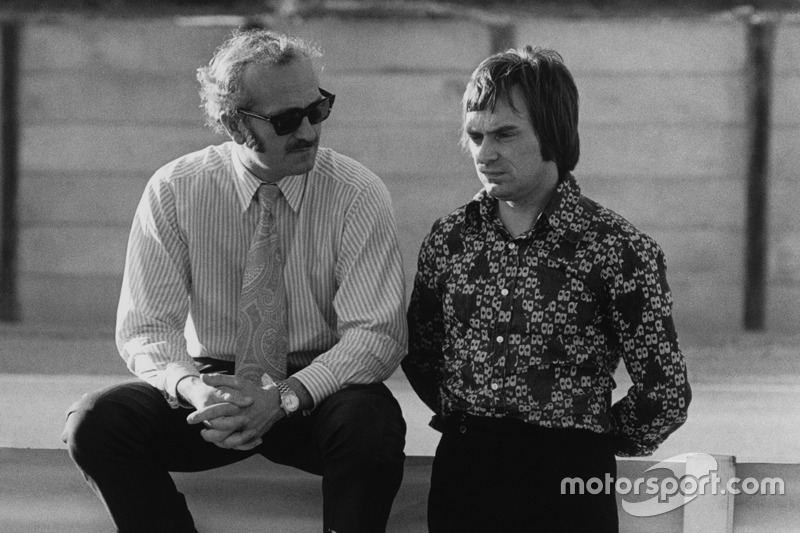 Colin Chapman, Lotus founder with Bernie Ecclestone, Brabham team owner