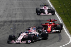 Sergio Perez, Sahara Force India F1 VJM10, Sebastian Vettel, Ferrari SF70H and Esteban Ocon, Sahara Force India F1 VJM10