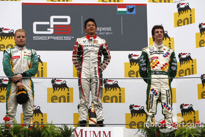 Podium: Pemenang balapan, Rio Haryanto; runner-up, Valtteri Bottas; peringkat ketiga, James Calado