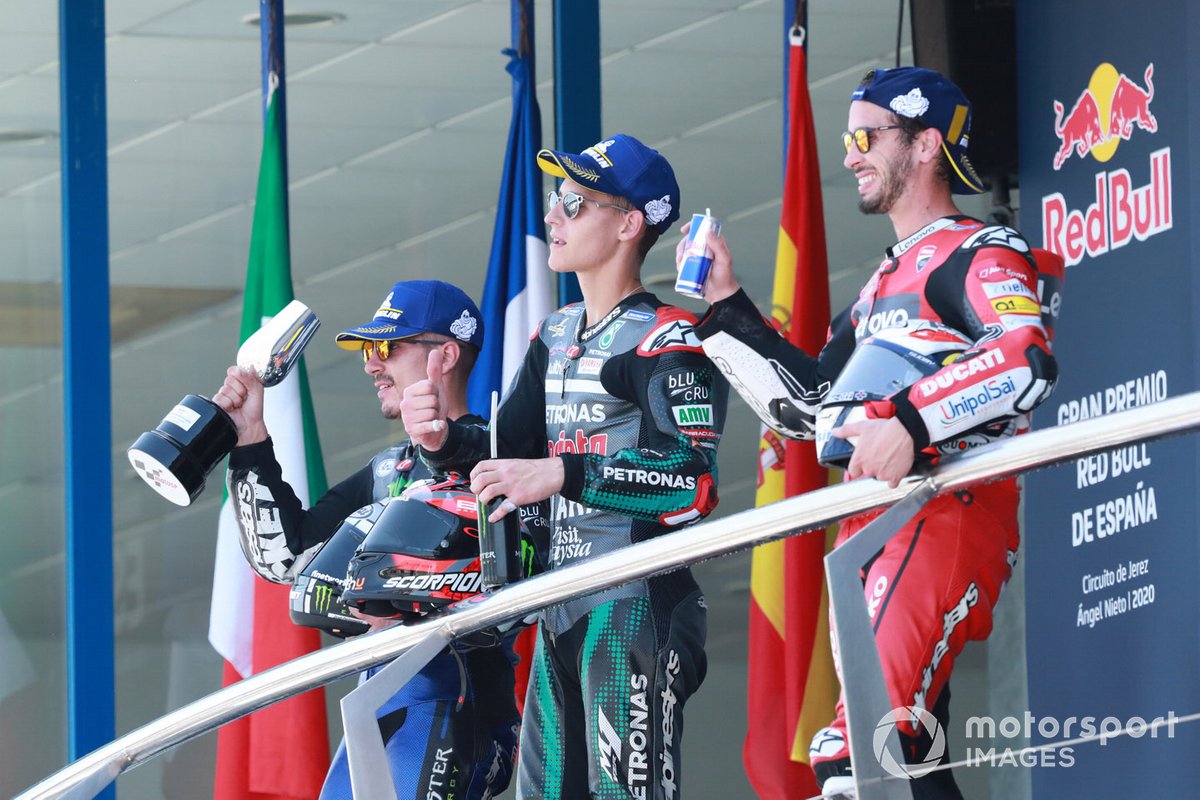 Podio: ganador de la carrera Fabio Quartararo, Petronas Yamaha SRT, segundo lugar Maverick Viñales, Yamaha Factory Racing, tercer lugar Andrea Dovizioso, Ducati Team