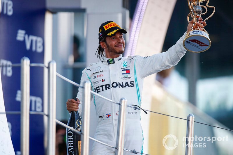 Lewis Hamilton, Mercedes AMG F1, celebrates on the podium
