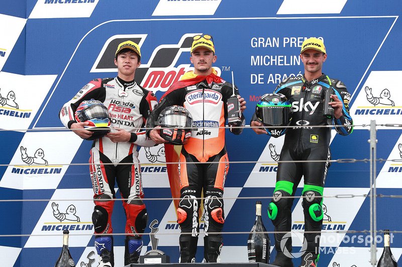 Podium: race winner Aron Canet, Max Racing Team, second place Ai Ogura, Honda Team Asia, third place Dennis Foggia, Sky Racing Team VR46