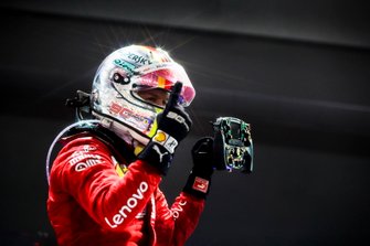 Race winner Sebastian Vettel, Ferrari, celebrates on arrival in Parc Ferme