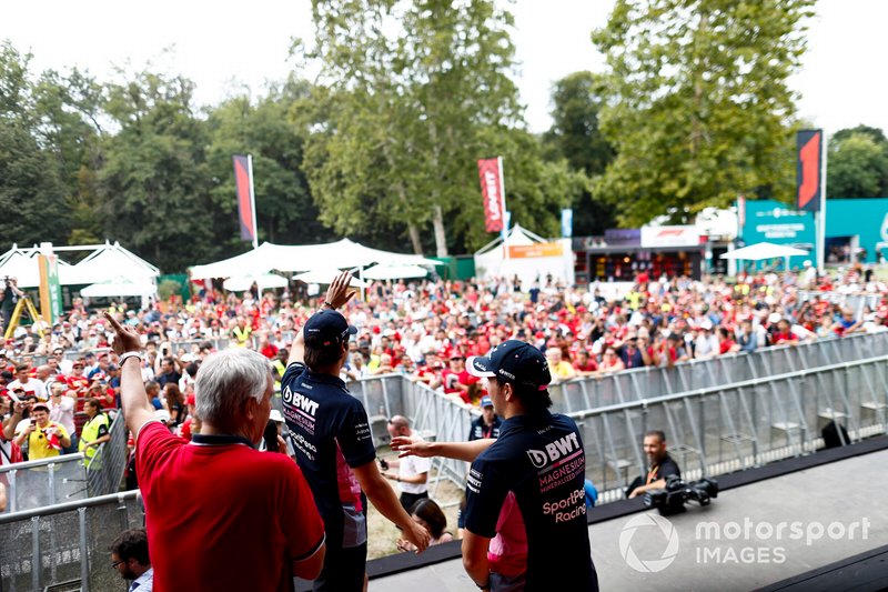 Sergio Perez, Racing Point and Lance Stroll, Racing Point on stage in the fan zone