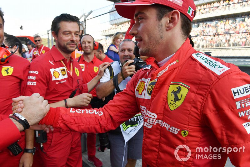 Pole man Charles Leclerc, Ferrari, celebrates with his team