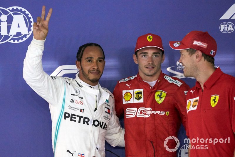 Top tre Qualificati Lewis Hamilton, Mercedes AMG F1, pole man Charles Leclerc, Ferrari, e Sebastian Vettel, Ferrari