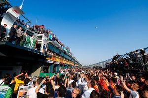 Race winner Valtteri Bottas, Mercedes AMG F1, Lewis Hamilton, Mercedes AMG F1 and Max Verstappen, Red Bull Racing on the podium