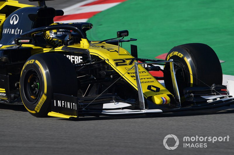 Nico Hulkenberg, Renault F1 Team R.S. 19, avec un système de mesure sur l'aileron avant