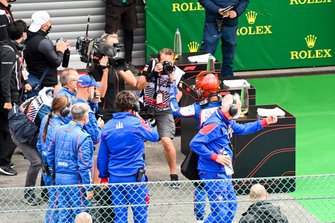 Race winner Lirim Zendeli, Trident celebrates in Parc Ferme