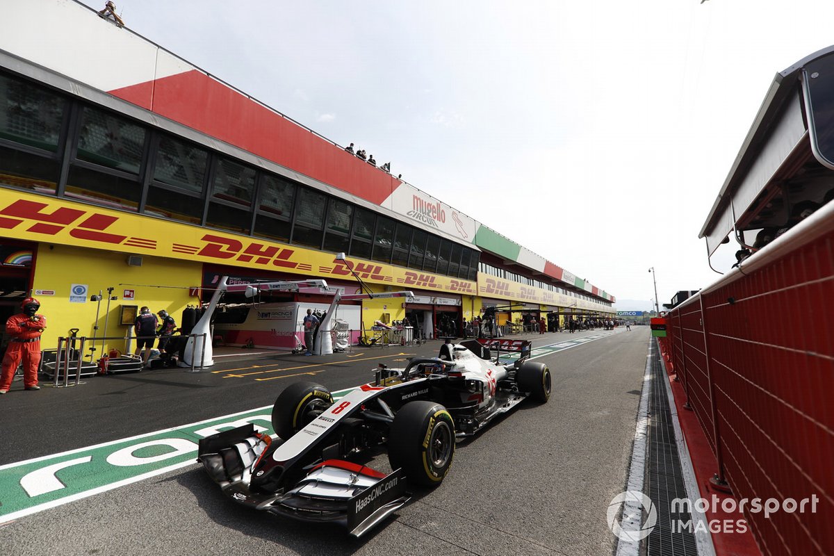 Romain Grosjean, Haas VF-20, in pit lane