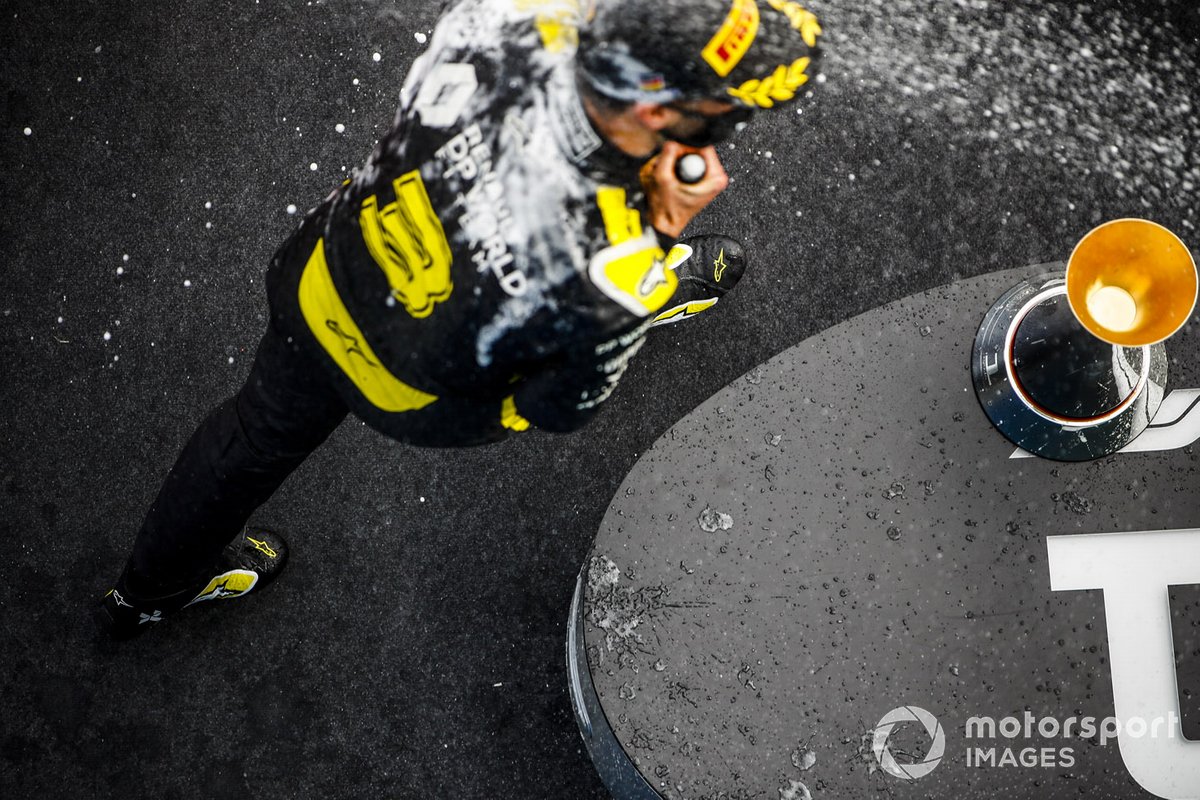 Daniel Ricciardo, Renault F1, 3rd position, is sprayed with Champagne on the podium