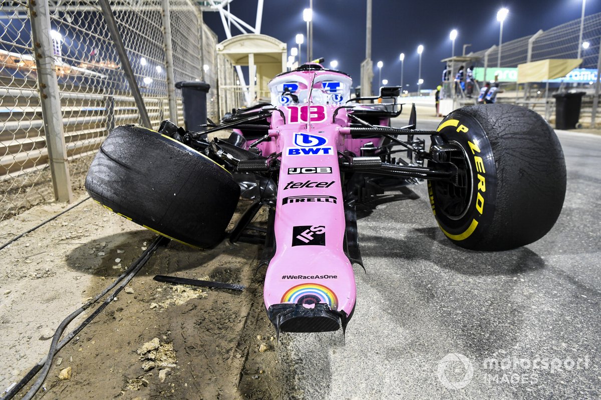 The damaged car of Lance Stroll, Racing Point RP20, after a crash with Daniil Kvyat, AlphaTauri AT01, resulted in the car overturning