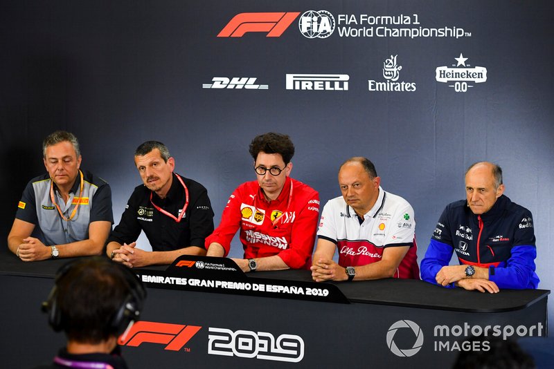 Mario Isola, Racing Manager, Pirelli Motorsport, Guenther Steiner, Team Principal, Haas F1, Mattia Binotto, Team Principal Ferrari, Frederic Vasseur, Team Principal, Alfa Romeo Racing, and Franz Tost, Team Principal, Toro Rosso, in the team principals Press Conference
