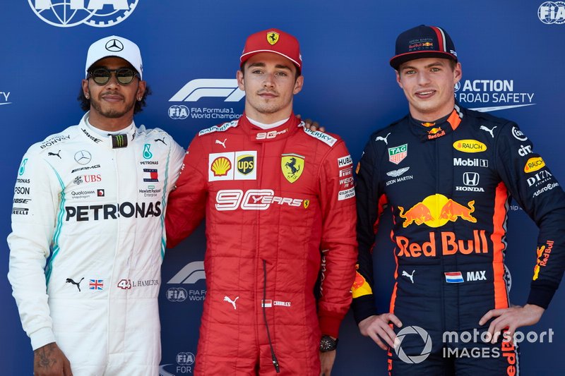 Top three Qualifiers Lewis Hamilton, Mercedes AMG F1, Pole sitter Charles Leclerc, Ferrari, and Max Verstappen, Red Bull Racing