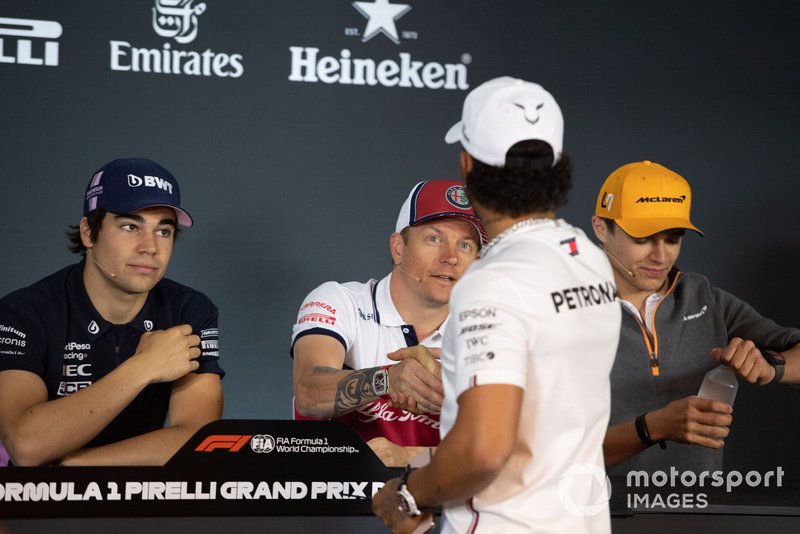Lance Stroll, Racing Point, Kimi Raikkonen, Alfa Romeo Racing, Lewis Hamilton, Mercedes AMG F1, and Lando Norris, McLaren