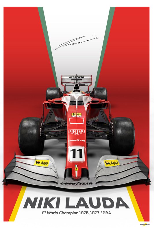 Niki Lauda tribute poster featuring the 2019 Ferrari SF90 with a classic livery