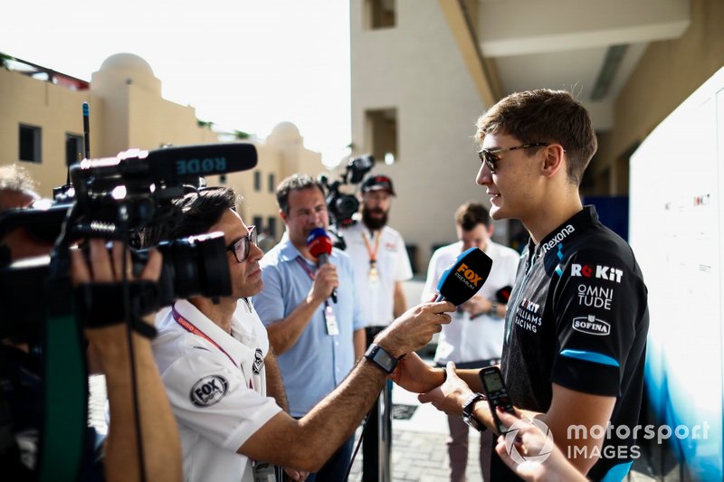 George Russell, Williams Racing, talks to the media
