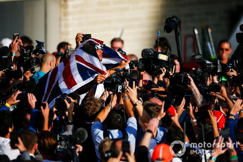 Lewis Hamilton, Mercedes AMG F1, 2nd position, celebrates after securing his 6th world drivers championship title