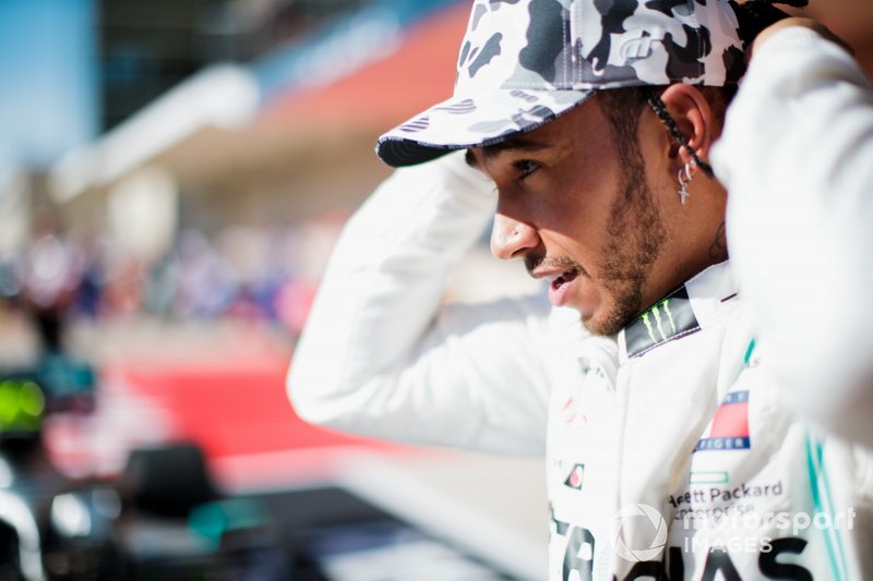 Lewis Hamilton, Mercedes AMG F1, 2nd position, celebrates in Parc Ferme after securing his sixth world drivers championship title
