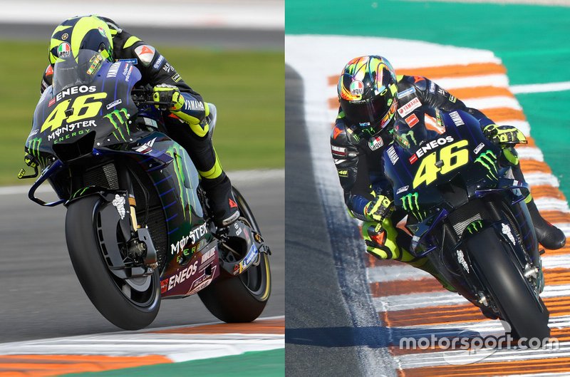 Vergelijking van de fairing en luchtinlaat op de motor van Valentino Rossi, Yamaha Factory Racing