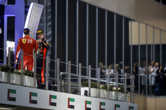 Sebastian Vettel, Ferrari and Max Verstappen, Red Bull Racing celebrate on the podium