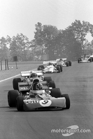 Francois Cevert, Tyrrell 002, leading Clay Regazzoni, Ferrari 312B2, and Jo Siffert, BRM P160