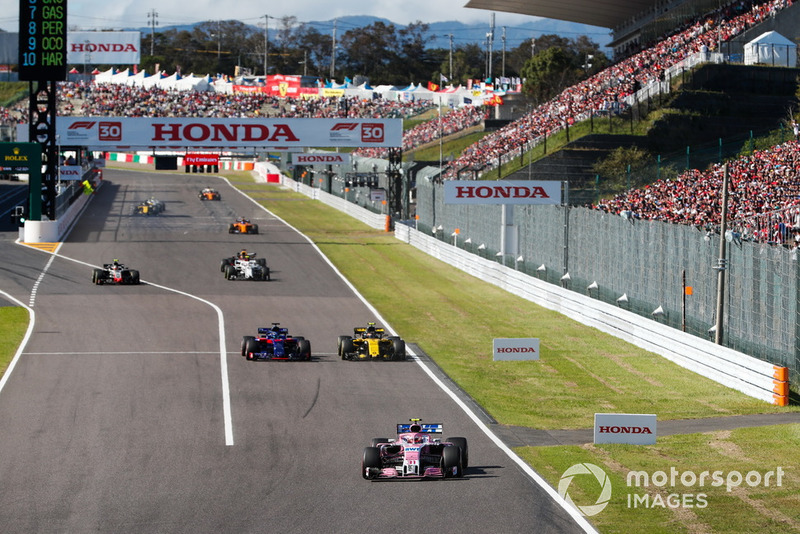 Esteban Ocon, Racing Point Force India VJM11, Brendon Hartley, Toro Rosso STR13, Carlos Sainz Jr., Renault Sport F1 Team R.S. 18, y Kevin Magnussen, Haas F1 Team VF-18