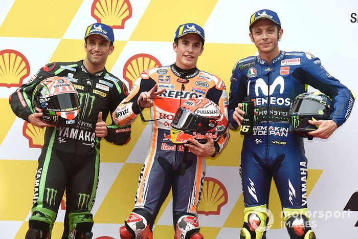 Pole sitter Marc Marquez, Repsol Honda Team, second place Johann Zarco, Monster Yamaha Tech 3, third place Valentino Rossi, Yamaha Factory Racing
