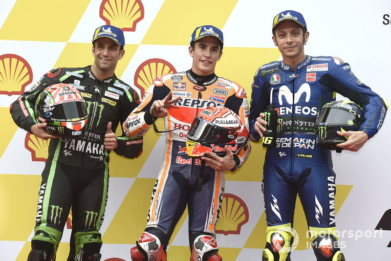 Pole sitter Marc Marquez, Repsol Honda Team, second place Johann Zarco, Monster Yamaha Tech 3, third place Valentino Rossi, Yamaha Factory Racing