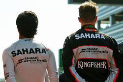 Sergio Perez, Sahara Force India F1 and Nico Hulkenberg, Sahara Force India F1 as the grid observes