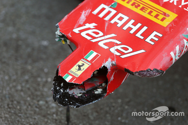 The damaged nosecone of race retiree Sebastian Vettel, Ferrari SF16-H