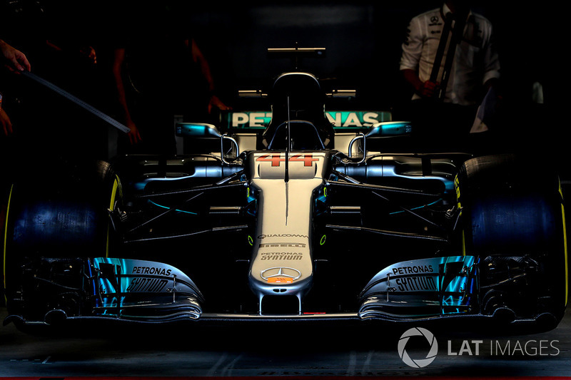 The car of Lewis Hamilton, Mercedes-Benz F1 W08  in the garage