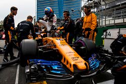 Fernando Alonso, McLaren MCL33 Renault, climbs out of his car on the grid