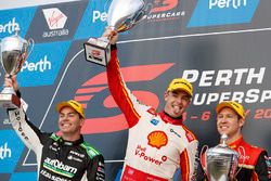 Podium: race winner Scott McLaughlin, DJR Team Penske Ford, second place David Reynolds, Erebus Motorsport Holden, third place Craig Lowndes, Triple Eight Race Engineering Holden