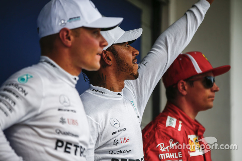 Valtteri Bottas, Mercedes AMG F1, Lewis Hamilton, Mercedes AMG F1 and Kimi Raikkonen, Ferrari in Parc Ferme
