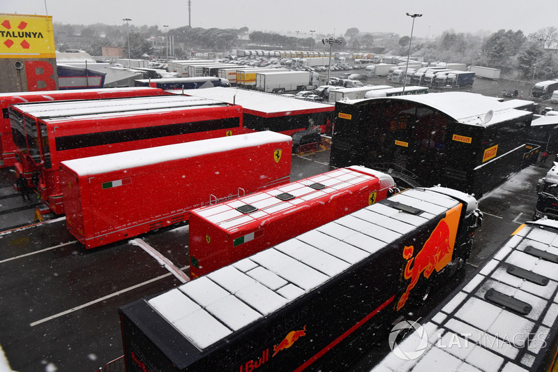 Trucks in the Paddock as snow stops testing on day three