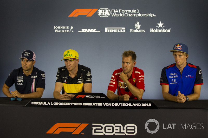 Sergio Perez, Force India, Nico Hulkenberg, Renault Sport F1 Team, Sebastian Vettel, Ferrari et Pierre Gasly, Scuderia Toro Rosso, en conférence de presse