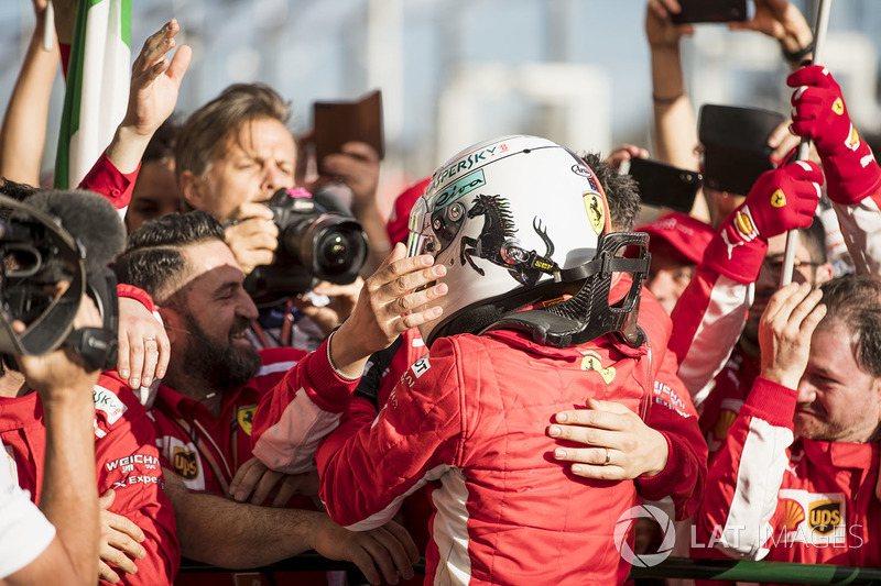 Sebastian Vettel, Ferrari, 1st position, and the Ferrari team celebrate in Parc Ferme