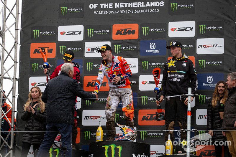 Podio: Jeffrey Herlings, Red Bull KTM Factory Racing, Tim Gajser, HRC Honda y Arminas Jasikonis, Husqvarna