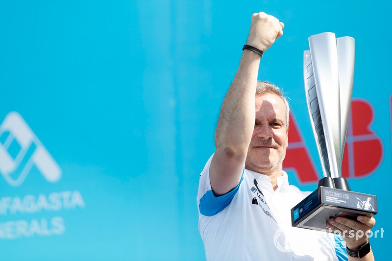 Jens Marquardt, BMW Motorsport Director with the winner's trophy on the podium